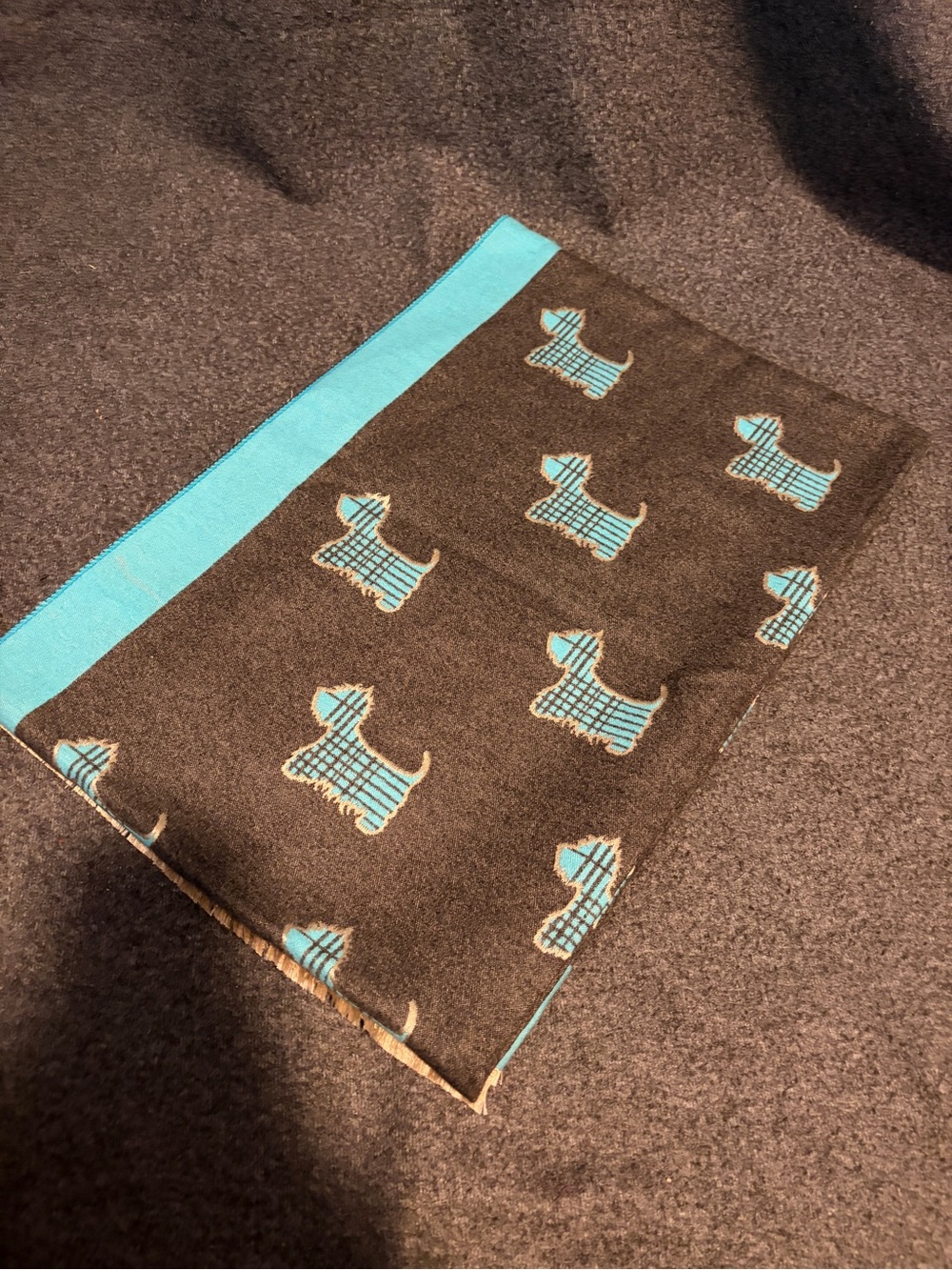 Grey and blue Scottish terrier scarf